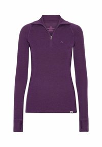 Violetti merinovillasta valmistettu pitkähihainen paita, jossa on puolivetoketjukaulus, tiukka malli, peukalonaukot hihansuissa ja pieni logo helmassa.