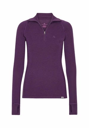 Violetti merinovillasta valmistettu pitkähihainen paita, jossa on puolivetoketjukaulus, tiukka malli, peukalonaukot hihansuissa ja pieni logo helmassa.