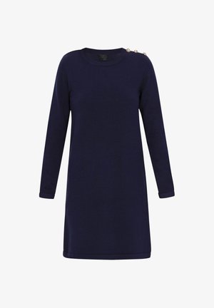 Tengerészeti hosszú ujjú ruha puha anyagból, kerek nyakkivágással, bal oldalon három fém gombbal. Egyenes szabás.