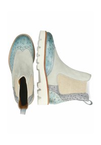 Ljusgrå ankelboots med blå accenter, texturerat läder och vadderad häl. Har en vit kraftig sula och en dragrem för enkel påtagning.