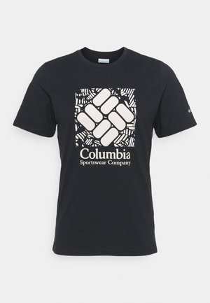 Schwarzes kurzärmliges T-Shirt mit weißem geometrischem Logo und dem Text "Columbia Sportswear Company" mittig auf der Vorderseite.