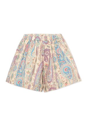 Shorts de talle alto con una cintura elástica que presenta un patrón paisley multicolor en tonos pastel de azul, rosa y verde sobre tela color crema.