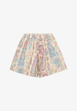 Shorts de talle alto con una cintura elástica que presenta un patrón paisley multicolor en tonos pastel de azul, rosa y verde sobre tela color crema.