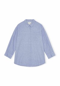 Camicia azzurro chiaro con bottoni, realizzata in tessuto morbido, dotata di colletto, maniche lunghe, taschino sul petto e orlo curvo.