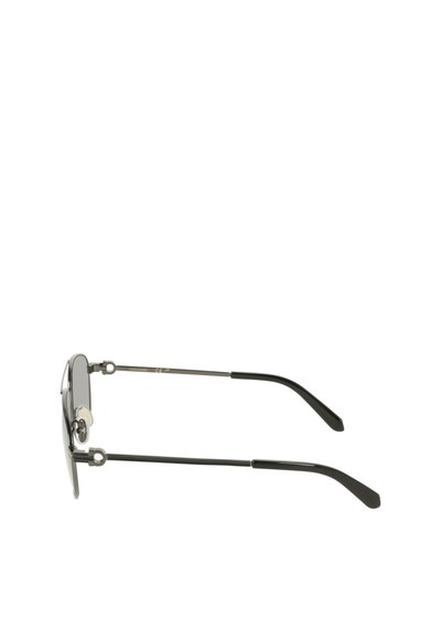Thin metal frame sunglasses with dark oval lenses and black curved temple tips shown from the side on a white background.