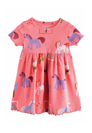 Robe en coton rose à manches courtes, ornée d'un imprimé licorne en violet, rouge et blanc, avec une jupe froncée aux bords festonnés.