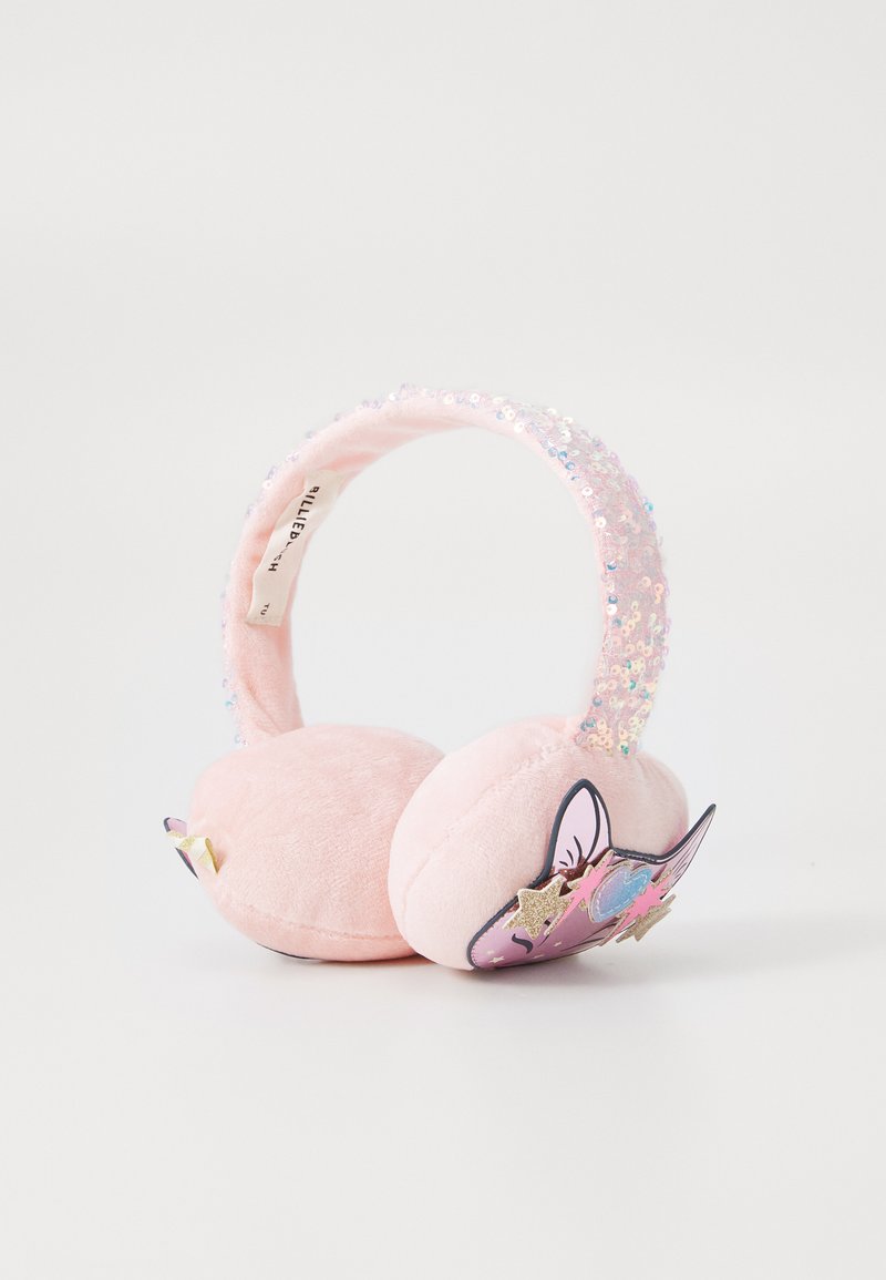 Cuffie in peluche rosa con un cinturino glitterato, auricolari rotondi e un design di unicorno che presenta stelle e accenti colorati. Texture morbida.