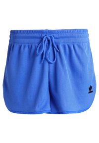 Blue ribbed shorts with elastic waistband and drawstring, featuring a black logo accent on the lower left side. Soft texture.