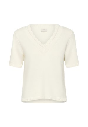 Pulover alb tricotat cu mâneci scurte și decolteu în V, cu margine ondulată și manșete și tiv drepte cu refilet.