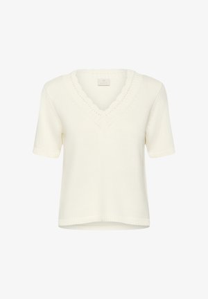 Pulover alb tricotat cu mâneci scurte și decolteu în V, cu margine ondulată și manșete și tiv drepte cu refilet.
