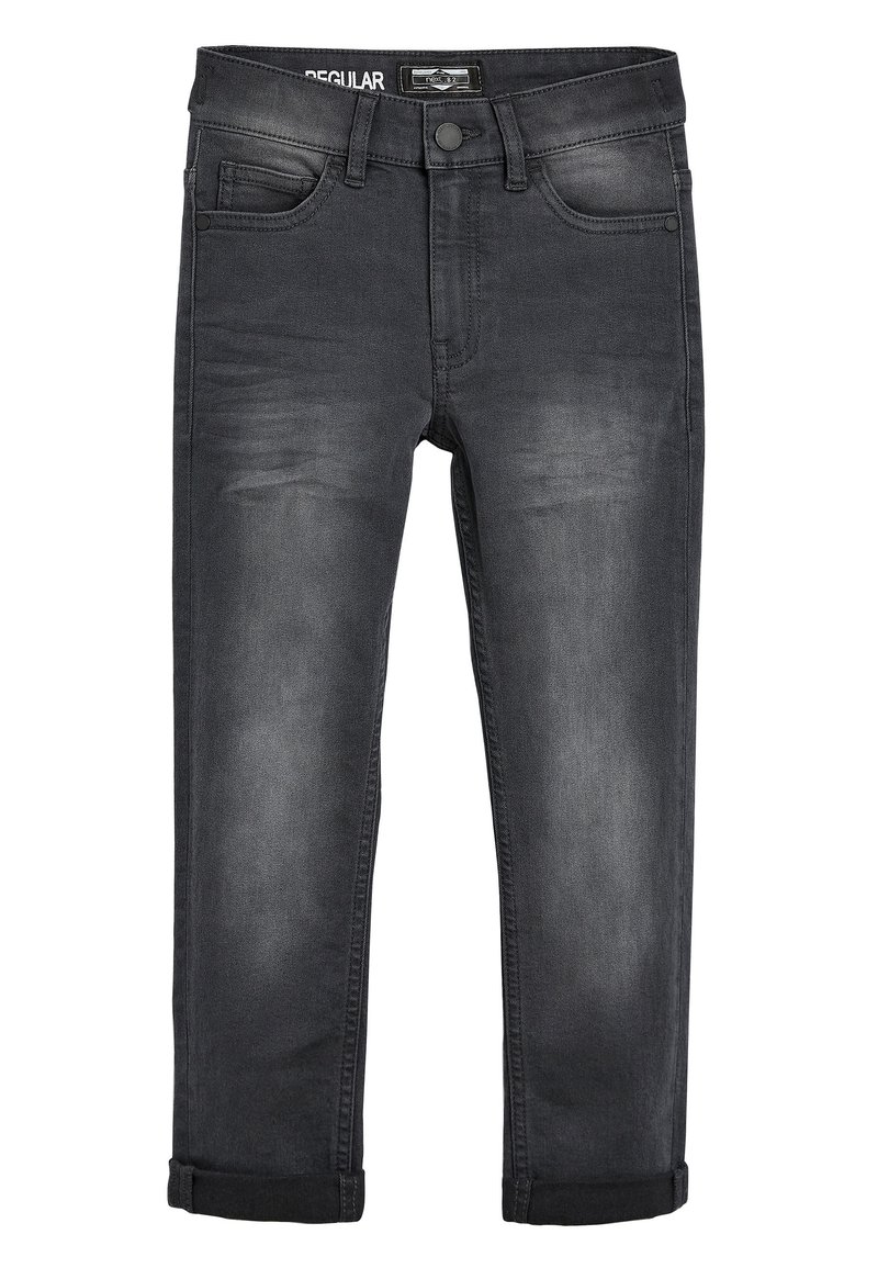 Jean gris foncé délavé avec poches avant, fermeture à boutons, passants de ceinture et revers roulés, présenté à plat sur fond blanc.