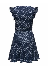 Robe bleu foncé avec petit imprimé floral blanc, manches courtes volantées, taille cintrée et ourlet à volants.