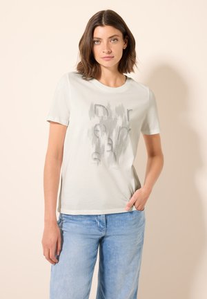 Light gray cotton t-shirt with short sleeves, featuring a abstract graphic design in darker gray shades on the front. Casual fit.