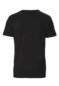 Short-sleeve black T-shirt made of cotton. Features a round neckline and a simple, seamless back design with no visible logos or patterns.