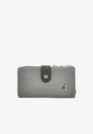 Grau strukturiertes Portemonnaie mit gesticktem abstraktem Muster, dunkelgrauem Druckknopfverschluss und kleinem silbernem Katzenanhänger, der eine Geldbörse hält.