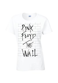 Weißes Baumwoll-T-Shirt mit einem schwarzen Graffiti-ähnlichen Druck, auf dem der Text "PINK FLOYD THE WALL" über einem Ziegelmuster zu sehen ist.