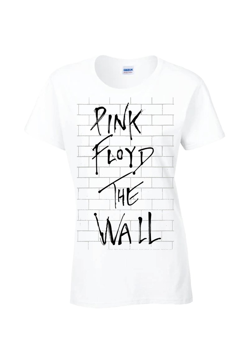 Weißes Baumwoll-T-Shirt mit einem schwarzen Graffiti-ähnlichen Druck, auf dem der Text "PINK FLOYD THE WALL" über einem Ziegelmuster zu sehen ist.