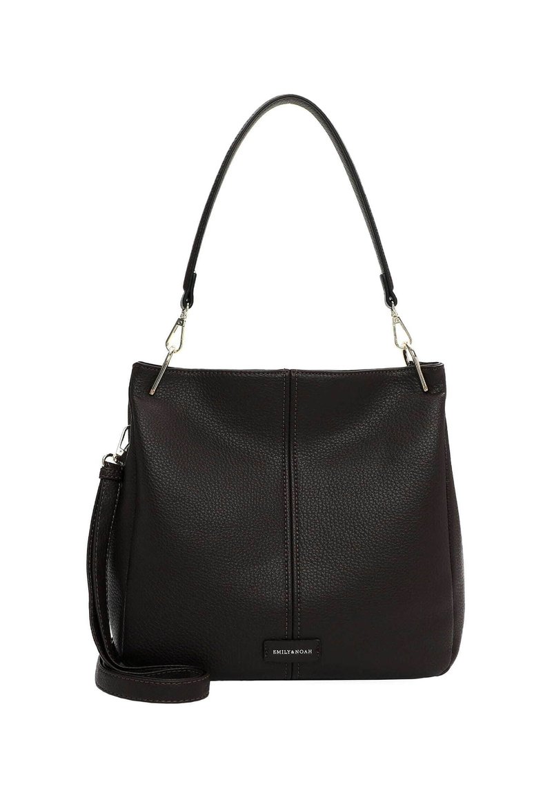 Borsa a mano in pelle marrone scuro con superficie textured, forma strutturata, manico superiore e tracolla rimovibile. Presenta un accento con logo.