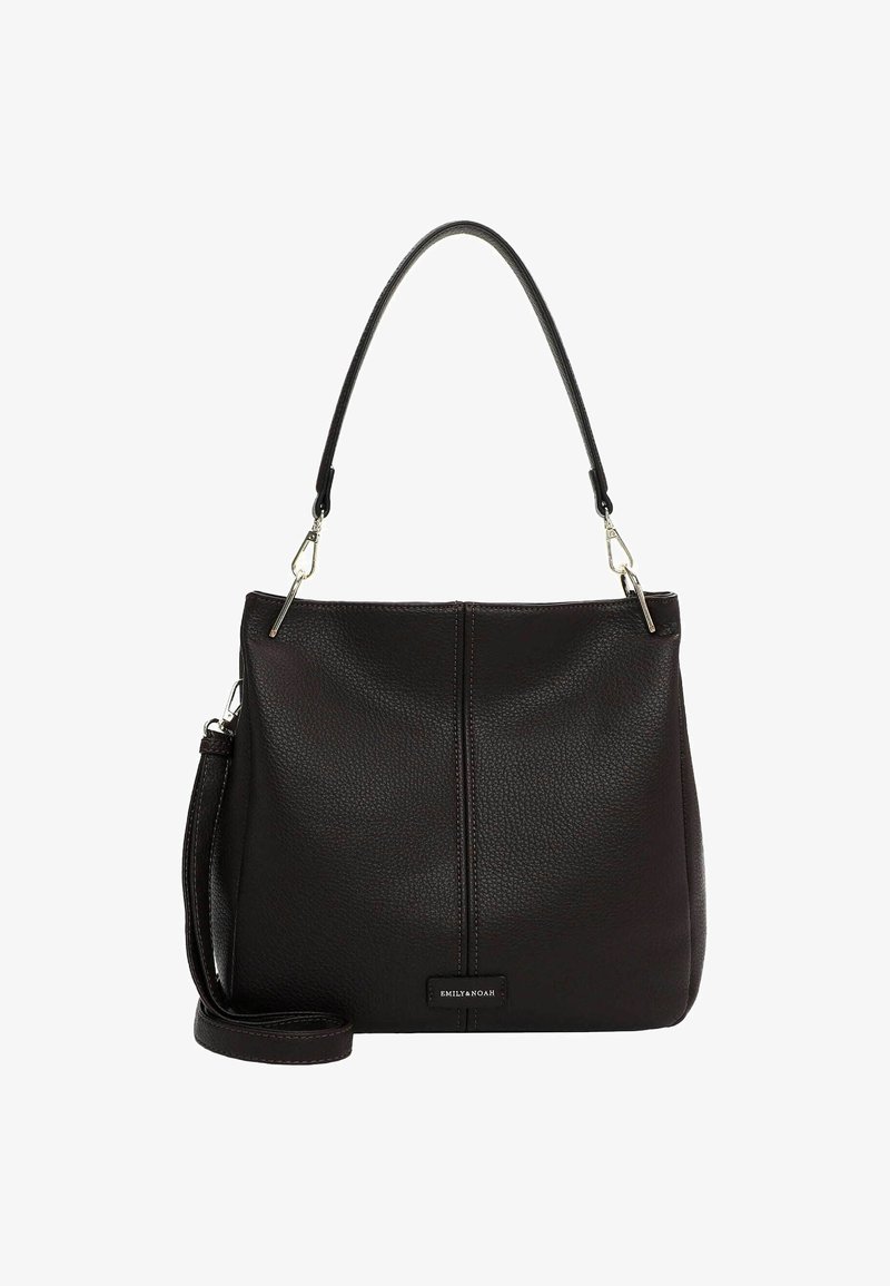 Ciemnobrązowa skórzana torebka o teksturowanej powierzchni, usztywnionym kształcie, górnym uchwycie oraz odpinanym pasku na ramię. Posiada akcent w postaci loga.