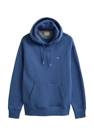 Sinine pullover-tüüpi kapuutsiga pusa, ees kängurutasku, kapuuts nööriga ja väike vasakul rinnal tikitud logo.