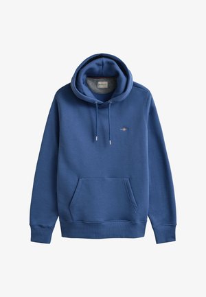 Sinine pullover-tüüpi kapuutsiga pusa, ees kängurutasku, kapuuts nööriga ja väike vasakul rinnal tikitud logo.