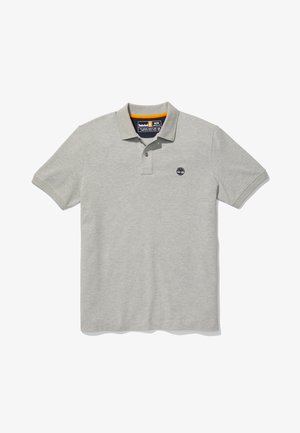 Jasnoszara koszulka polo z krótkim rękawem, kołnierzykiem i dwoma guzikami, z małym czarnym logo drzewa Timberland na lewej piersi.