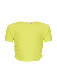 T-shirt corta a maniche corte in un vivace giallo, con una texture a coste e un discreto logo "RJ" sul davanti.