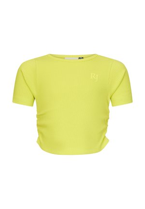 Krótki rękaw, skrócony t-shirt w jaskrawym żółtym kolorze, z prążkowaną teksturą i subtelnym logo "RJ" z przodu.