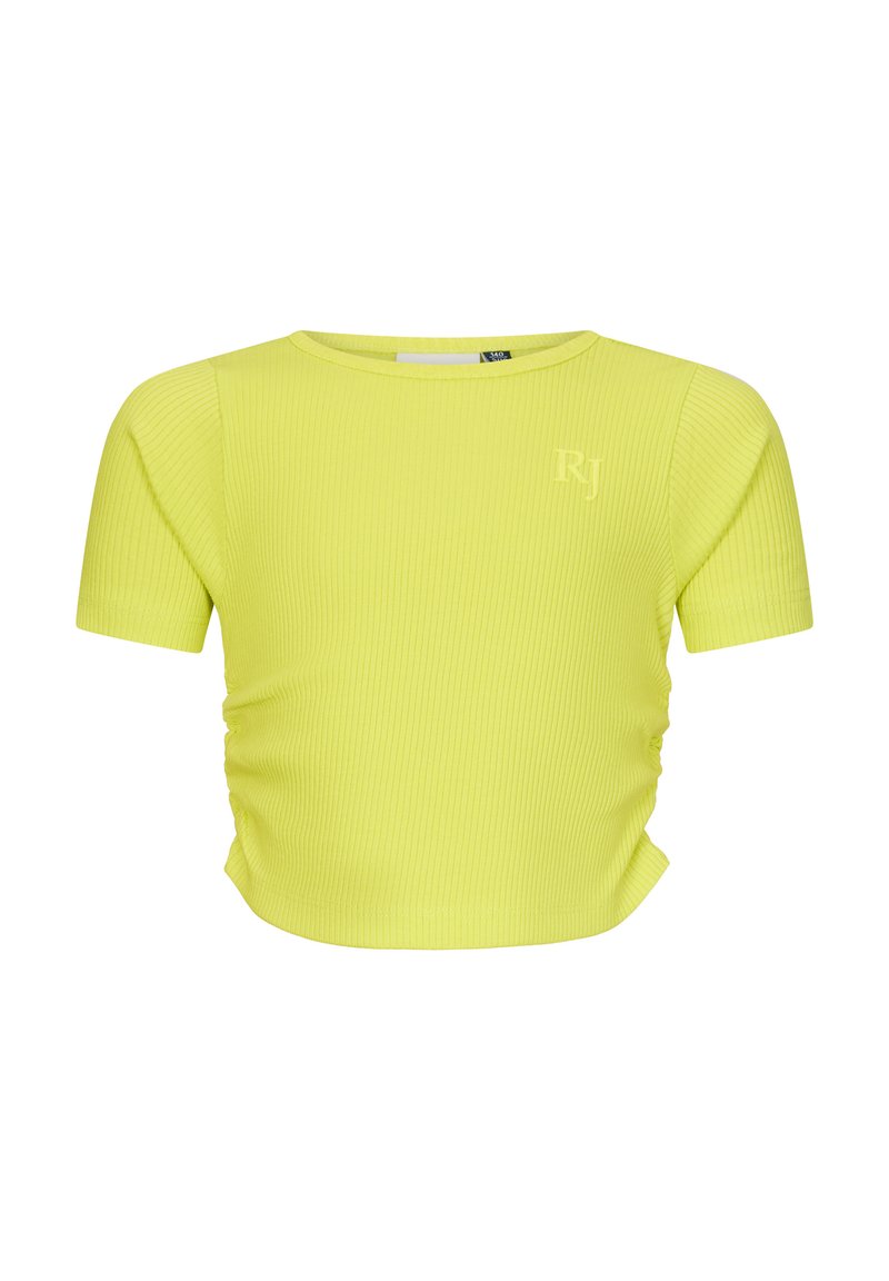 T-shirt corta a maniche corte in un vivace giallo, con una texture a coste e un discreto logo "RJ" sul davanti.