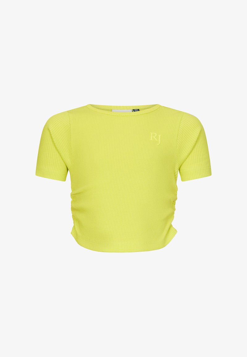 T-shirt corta a maniche corte in un vivace giallo, con una texture a coste e un discreto logo "RJ" sul davanti.