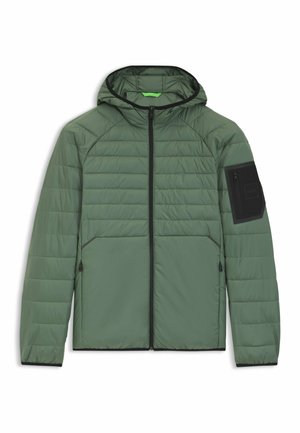 Green quilted hooded jacket with black zipper and black patch pocket on left sleeve, laid flat on a white background.