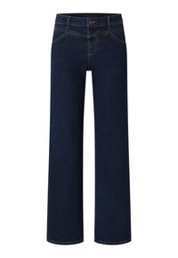 Jeans a gamba larga in denim blu scuro con una texture liscia, dotati di chiusura con bottone, cinque tasche e dettagli di cucitura a contrasto.