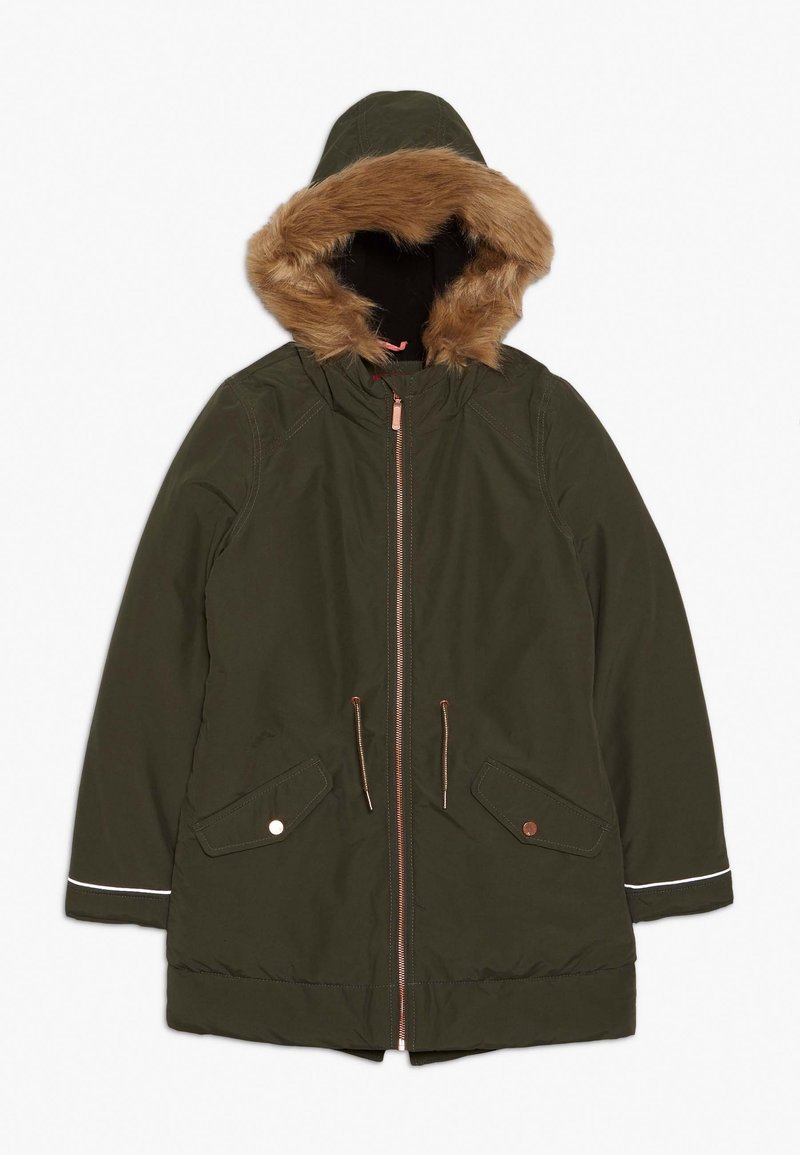 Parka invernale verde scuro con zip frontale, cappuccio foderato in pelliccia, coulisse e due tasche frontali con patelle a bottone.