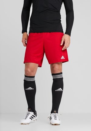 Man die rode Adidas sportshorts, zwart shirt met lange mouwen, zwarte Adidas kniekousen en witte Adidas voetbalschoenen draagt, staand op een grijze vloer.