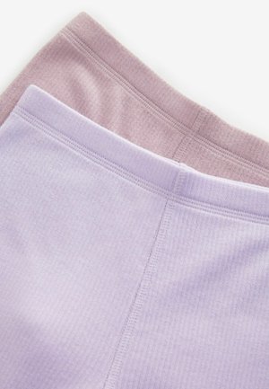 Duos porų raštuotų leggingų: vieni šviesiai levandų spalvos, o kiti švelniai mauvo spalvos, su elastingais juosmenimis ir lygiu, tekstūruotu audiniu.