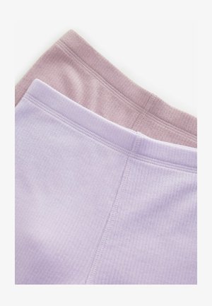 Két pár bordázott leggings: az egyik világos levendula színű, a másik pedig lágy málnaszínű, elasztikus derékpánttal és sima, struktúrájú anyaggal.