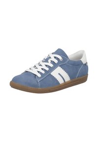 Blauer Wildleder-Sneaker mit weißen Akzenten, strukturierter Gummisohle und klassischem Schnürdesign mit dekorativen Nähten und einer gezackten Detailverzierung.