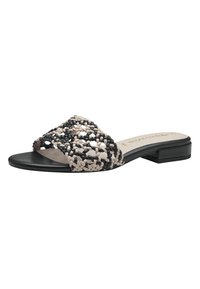 Sandale à glissière tissée en noir et beige, présentant un dessus texturé avec un design à bandoulière croisée et un petit talon rectangulaire.