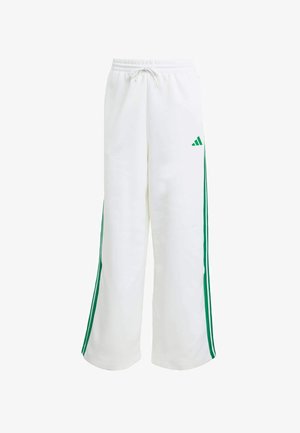 Valged dressipüksid, millel on kummipaelaga vöökoht, rohelised külgsirged ja Adidas'i logo. Valmistatud pehmest ja siledast kangast, millel on mugav lõige.