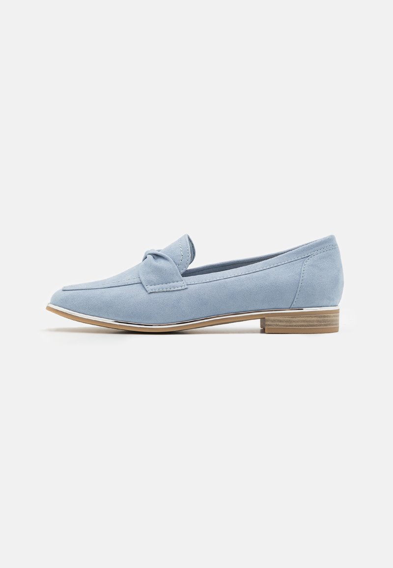 Light blue suede loafers with a knot detail on the front, featuring a low stacked heel and a smooth, rounded toe design.