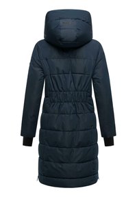 Marine puffer jacket met een capuchon, gestikte naden, elastische taille en zwarte manchetten. Beschikt over een gladde textuur en een knielange ontwerp.