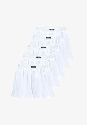 Weiße Baumwoll-Boxershorts mit elastischem Bund und Knopfleiste, in einem Set von fünf. Glatte Textur ohne Muster.