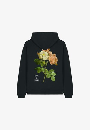 Schwarzer Hoodie mit einem floralen Design, das beigefarbene und rosa Rosen sowie grüne Blätter zeigt, begleitet von dem Text "LIEBE & ROSEN" in Weiß.