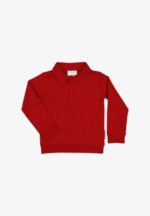 Rød langærmet polo i bomuld, der har krave, knapper foran og ribkanter ved ærmer og bund.