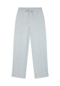 Pantaloni della tuta grigio chiaro con vita regolabile, gambe diritte e dettagli in cucitura verticale sul davanti. Tessuto morbido e testurizzato.