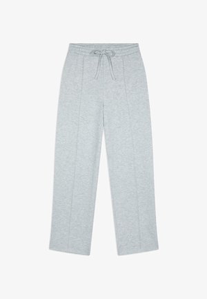 Lichtgrijze sweats met een trekkoord taille, rechte pijpen en verticale naden aan de voorkant. Zacht, gestructureerd materiaal.