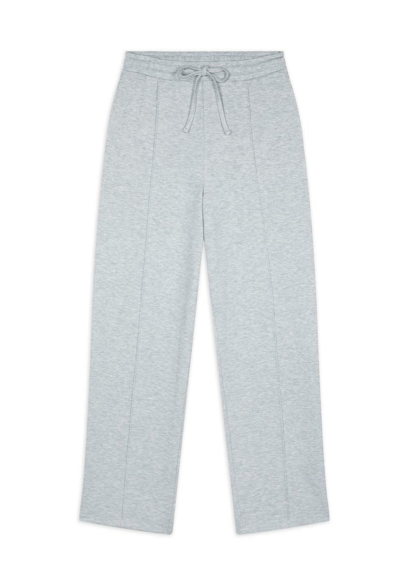 Pantaloni della tuta grigio chiaro con vita regolabile, gambe diritte e dettagli in cucitura verticale sul davanti. Tessuto morbido e testurizzato.