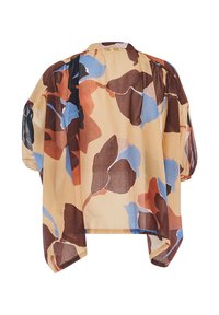 Blusa corta e ampia con maniche corte in tessuto leggero. Presenta un motivo floreale astratto nelle tonalità di marrone, blu e crema.