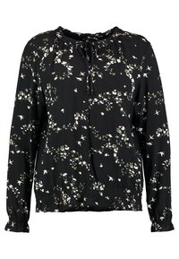 Blusa nera a maniche lunghe realizzata in tessuto leggero, con stampa floreale, vita elastica e dettaglio con fiocco al collo.