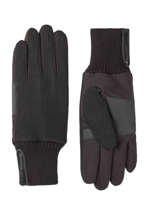 Zwarte gebreide en stoffen handschoenen met geribde manchetten en zijritsen, getoond van de handpalm- en rugzijde.